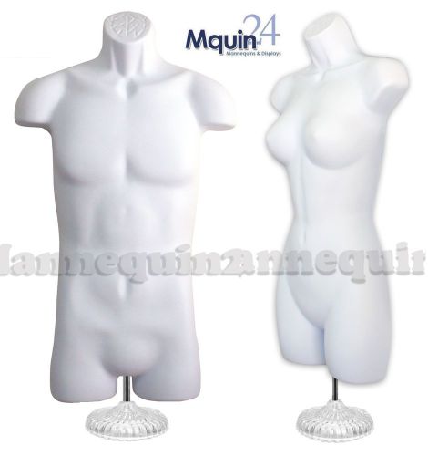 Set of male &amp; female mannequin body forms(2 pcs/white) w/bases + hanging hooks for sale