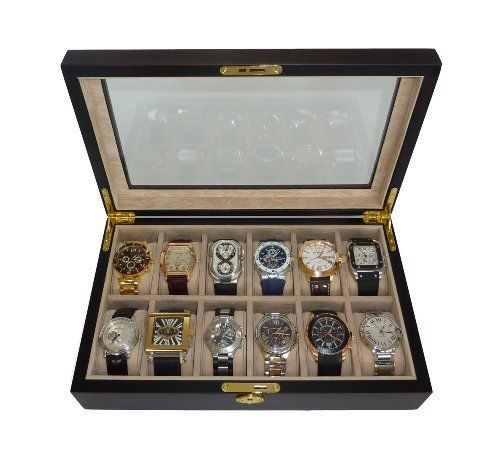 12 Piece Ebony Wood Watch Display Case and Storage Organizer Box