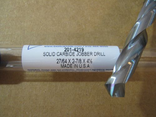 27/64&#034; (.4219) jobber (std) carbide 25 deg helix 118 deg split pt drill &#034;new&#034; for sale
