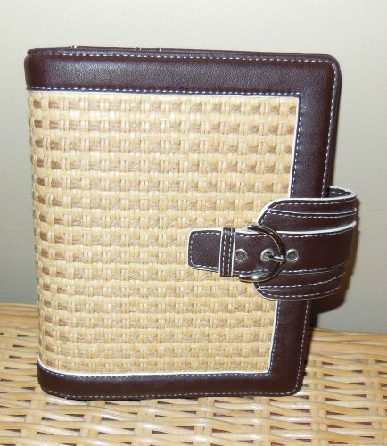 FRANKLIN COVEY TAN STAW WEAVE &amp; BROWN FAUUX LEATHER TRIM POCKET SIZE BINDER USED