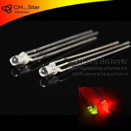 100pcs 3mm 3Pin Water clear Bi-Color Red&amp;Green Light Common Anode Led Diodes