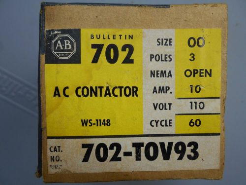 New Allen Bradley 702-TOV93 Size 00 10 Amp 3 Pole Starter Contactor Coil