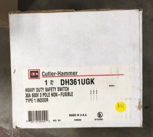 CUTLER HAMMER DH361UGK 3 POLE 600 VOLT 30 AMP NON-FUSED NEMA 1 DISCONNECT NEW