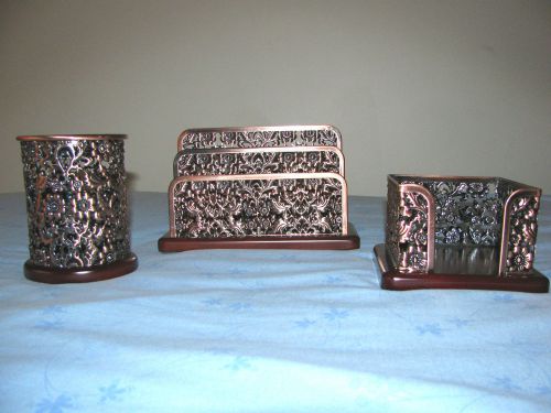 * 3 Piece Copper color FLOWER Mesh  Desk Set Home Office Dorm Gift metal &amp; wood