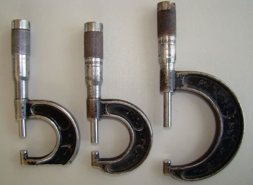 Old vintage set of 3 brown &amp; sharpe micrometers usa 0-1&#034; 1-2&#034; for sale