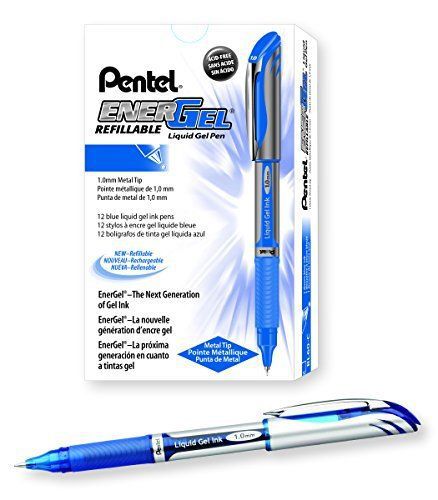 Pentel EnerGel Deluxe Liquid Gel Pen, Bold Line, Metal Tip, Blue Ink, Box of 12