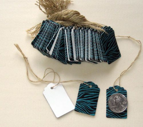 100 Designer Scalloped Turquoise Zebra / White Strung Price Tags w/ string