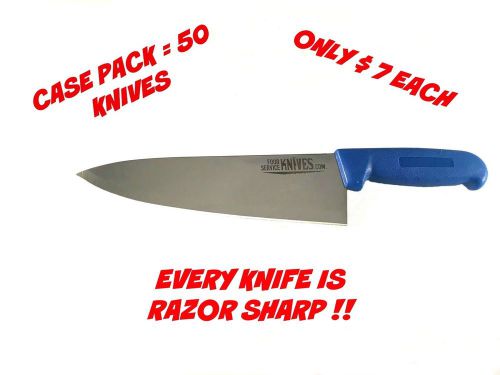 50 Blue Chef Knives 8” Blade - Blue Handle Cook’s Knives Razor Sharp Bulk New!