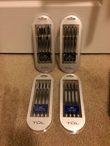 TUL Retractable Gel Pens 0.7mm Med Point Black Ink Blue Fine Needle Pack 4