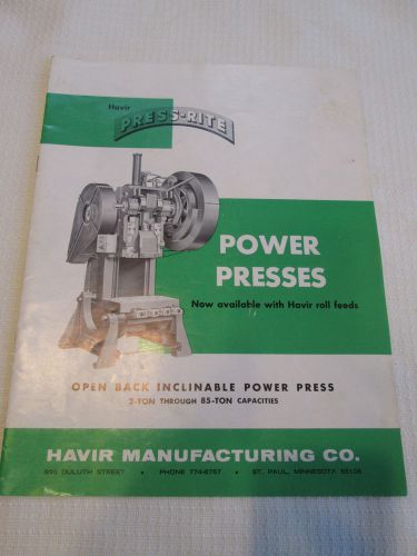 Havir press-rite power presses, 1964 catalog -tool, metal working d for sale