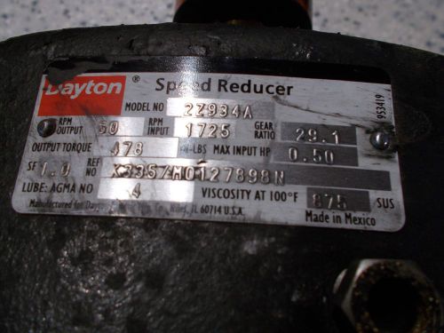 DAYTON SPEED REDUCER 2Z934A Ratio 29.1 Produces 60 RPM