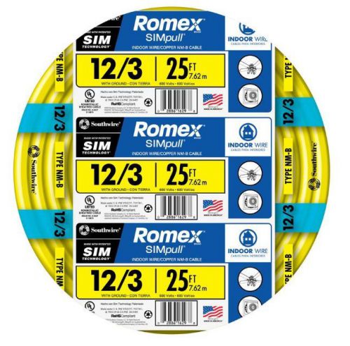 Romex simpull 25-ft 12-3 nm-b gauge indoor electrical non-metallic wire cable for sale