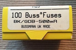 New Bussmann Cooper BK/GDB 500mA Fuses Box of 100 - New Old Stock