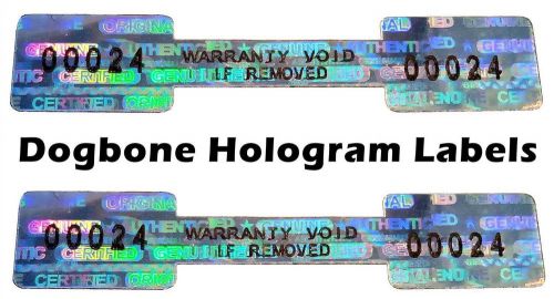 78x dogbone security hologram stickers numbered, 52mm x 10mm, warranty labels for sale