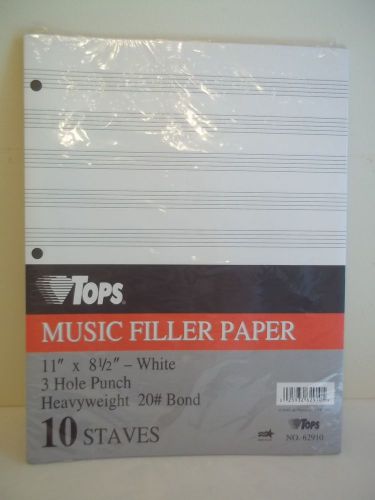 Tops music filler paper 10 staves 11&#034; x 8 1/1&#034; white 3 hole punch for sale