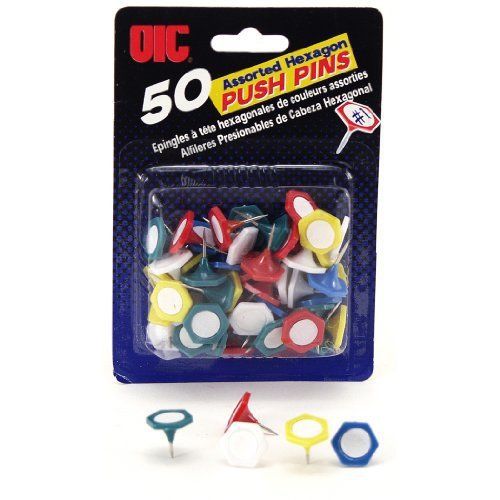 Officemate OIC Push Pins, Hexagon Shape, Assorted Colors, 50 Pack (92803)