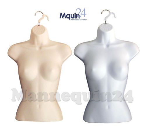 A SET OF WHITE &amp; FLESH FEMALE TORSO MANNEQUINS; WOMAN CLOTHING&#039;S DISPLAY