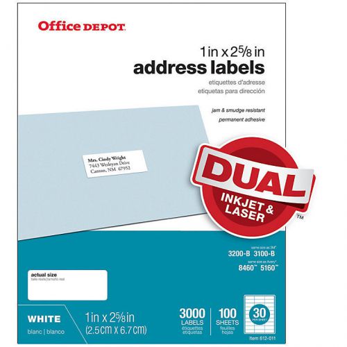 Office Depot White Inkjet/Laser Address Labels, 1in. x 2 5/8in., Box Of 3,000,