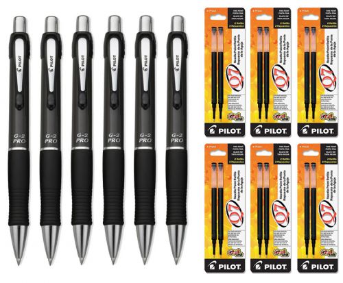 Pilot G2 Pro Gel Rolling Ball, Fine Black Ink Grey Barrel 6 Pens &amp; 12 Refills