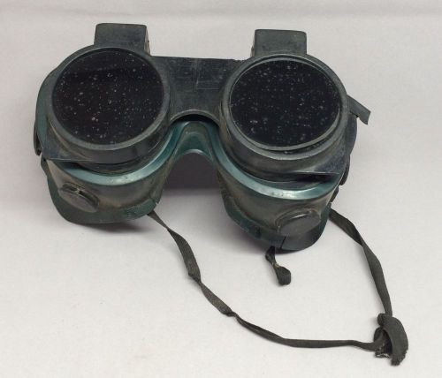 Vintage goggles steampunk safety welding green plastic glass flip up dark lenses for sale