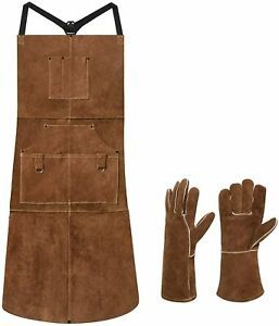 eletecpro Length 42&#034; 6 Pockets Leather Welding Apron &amp; Gloves Brown