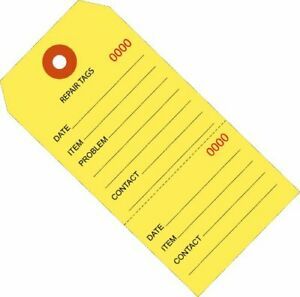 Aviditi Repair Tags 4 3/4&#034; x 2 3/8&#034; Yellow Consecutively Numbered 2 PC Perfor...