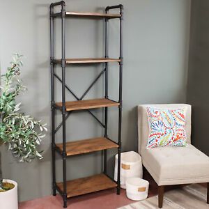 Sunnydaze 5-Tier Black Pipe Bookshelf - Wood Veneer Shelves - Teak