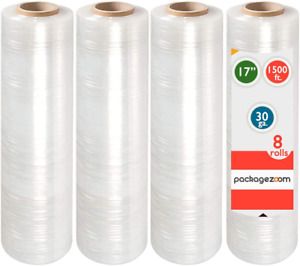 Pre Stretched 17” x 1500 ft 8 Rolls Stretch Wrap Film Clear Cling Plastic for