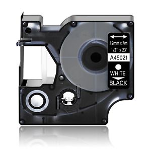 1PK 12mm White on Black DYMO D1 45021 LabelWriter 450 400 DUO Label Tape 1/2in
