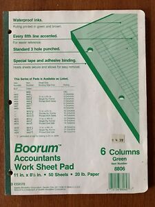 Vintage Boorum Accountants Work Sheet Pad 11&#034; x 8.5&#034; Green