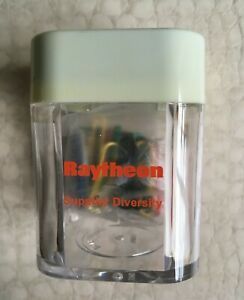 Paper Clip Dispenser Magnetic Clear Holder multi-colored clips wt Raytheon Logo