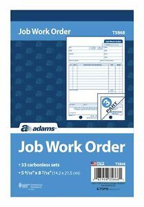 Adams Job Work Order Book, 3-Part Carbonless, White/Canary/White, 5-9/16 x 8-...