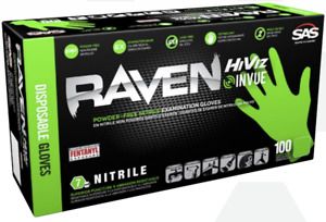 1 Full Case(1000 gloves) SAS Safety Raven HiViz/InVue Green Nitrile Gloves-7 MIL