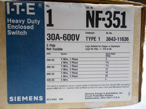 Siemens ITE NF351 Heavy Duty Enclosed Switch 30 Amp 600 V 3 Pole Type 1 No Fuse
