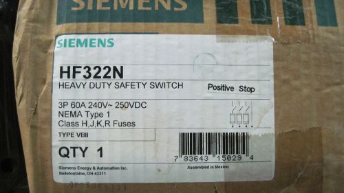 NEW IN BOX SIEMENS 60 AMP 240 VOLT FUSIBLE DISCONNECT #HF322N