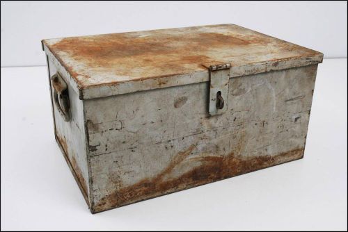Vtg industrial strong box metal case tool part bin cabinet heavy military gray for sale
