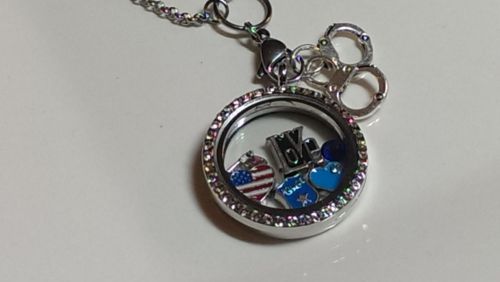 30mm Glass Locket with Rhinestones for Police Wife or Female Cop - Great Gift!