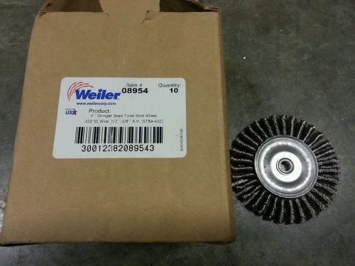 Weiler 4&#034; stringer bead twist wire wheel, 08954, .020&#034; ss, 1/2&#034;-3/8&#034; for sale