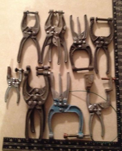 Vintage lot of sixteen (16) de-sta-co, machinist, carpenter hold down clamps for sale
