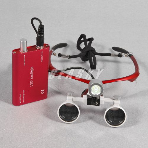 Dental Surgical Binocular Loupes 3.5X 420mm Medical Glasses w/ LED Head Lamp Red