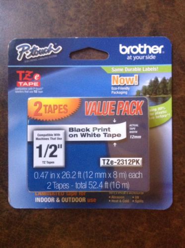 2 Pack Brother TZe-2312PK Black Print On White Tape 0.47&#034; x 26.2&#039; For P-Touch