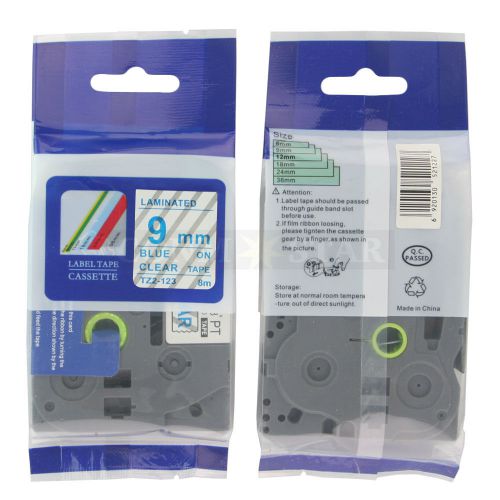1pk blue on transparent tape label compatible for brother ptouch tz tze123 9mm for sale
