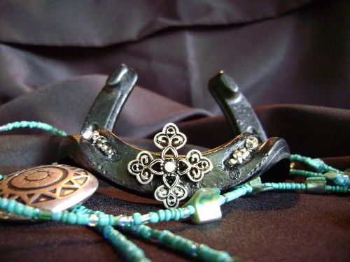 Horseshoe Business Card Holder with Ornamental Lace Cross and Beading