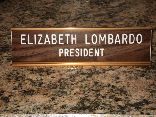 Custom engraved 2&#034; x 8&#034; walnut/white sign with gold desk holder - 2 lines for sale