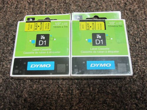 2 Dymo Standered Lable Cassette Black on Yellow 1/2 in x 23 ft 45018 12mm x7m D1