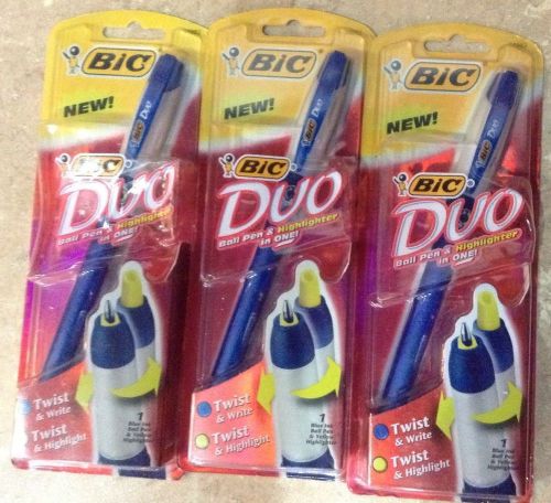 Bic Duo Pens Blue Ink Yellow Highlighter  Lot of 3 Imperfect Packaging BTS