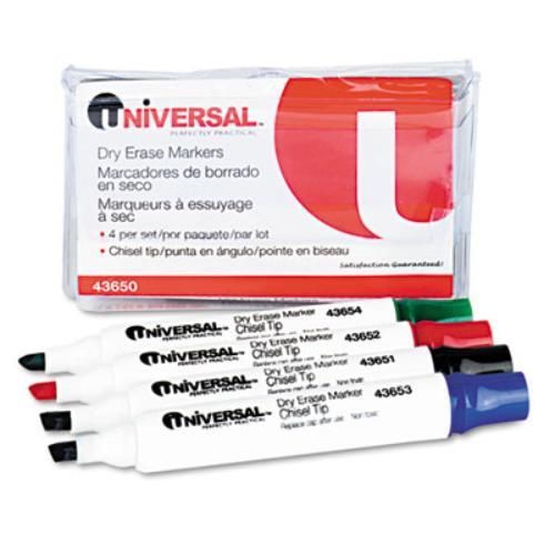Universal Office Products 43650 Dry Erase Markers, Chisel Tip, Assorted, 4/set