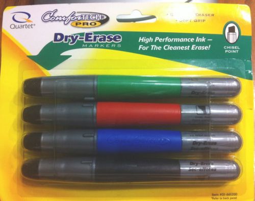 New QUARTET COMFORTECH PRO Dry Erase Marker w/eraser Lid~ Chisel Point~ 4 Colors