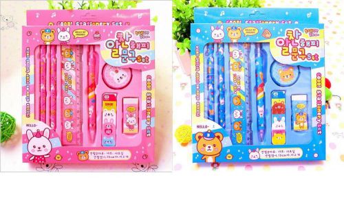 7 Pcs Girls Boys Cute Cartoon Sharpener Clips Eraser Ruler Pencil&amp;Leads Set Gift