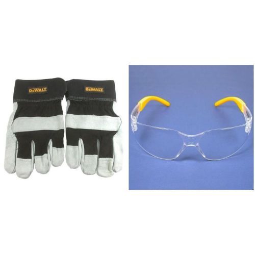 Dewalt Leather Palm Work Gloves &amp; Protector Safety Glasses Kit 2 Pcs